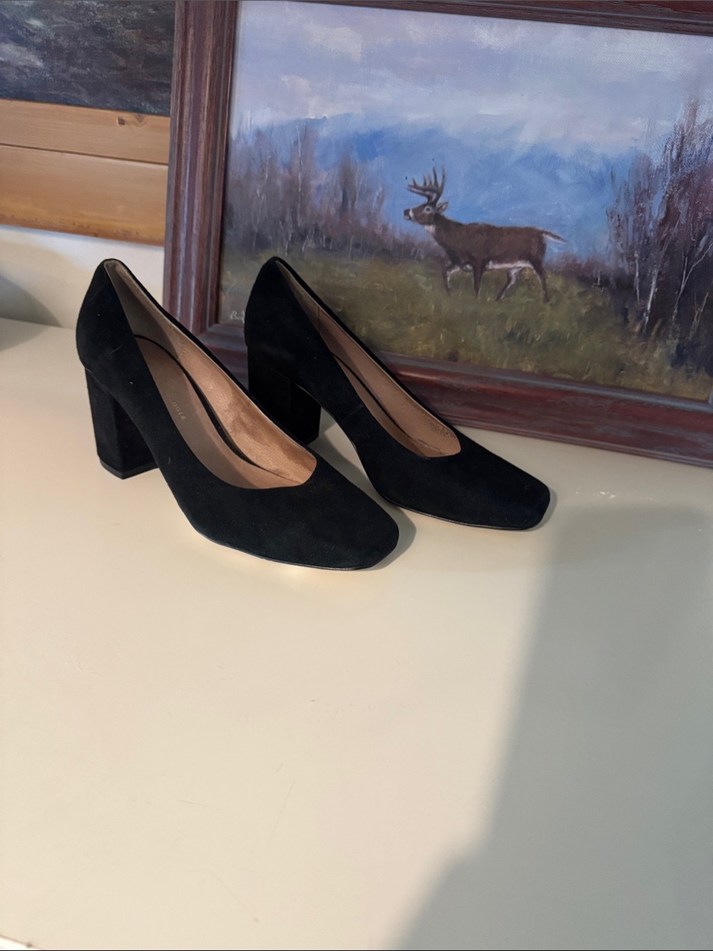 Anthropologie Black Suede Block Heel Pumps